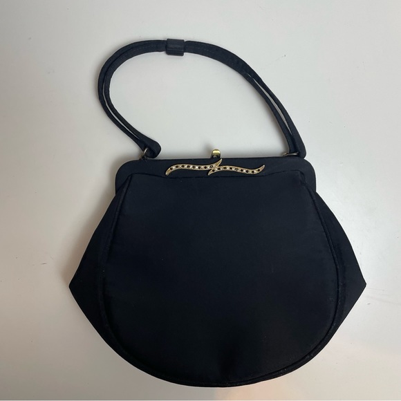 VINTAGE AFTER FIVE BY LAND M BLACK EVENING BAG PURSE Black Satin Diamond - Picture 6 of 9